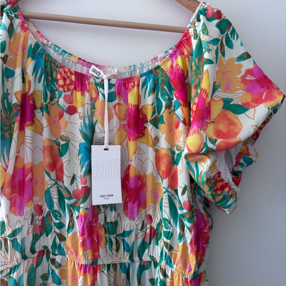Grace Karin Tropical Floral Print Resortwear Vacation Midi Dress Size 2XL NWT - Picture 6 of 9